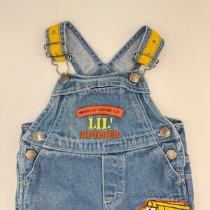 Vtg Lil' Builder Denim‎ Overalls – Tape Measure Straps & Road Crew Patch 3-6 mo.